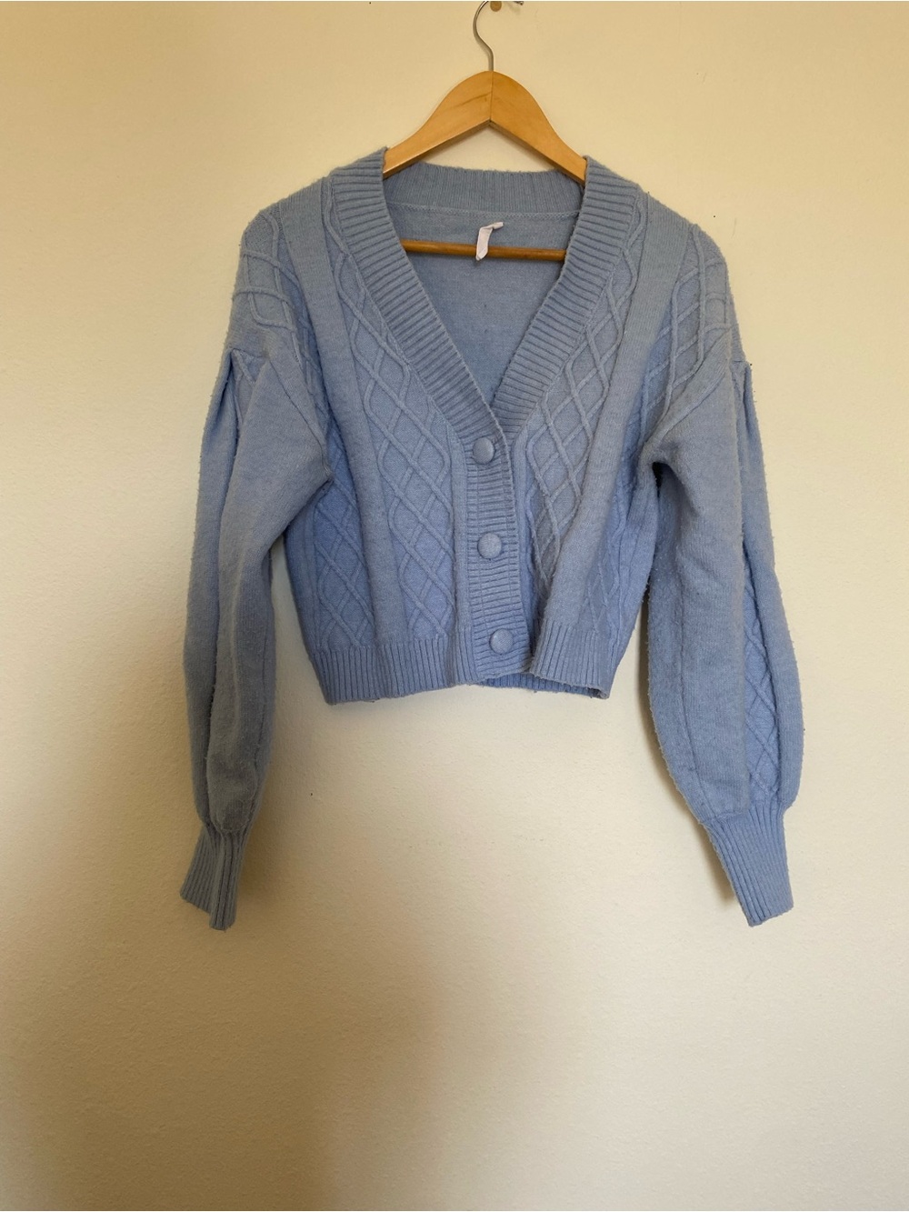 Light Blue Cable-Knit V-Neck Button Cardigan Sweater